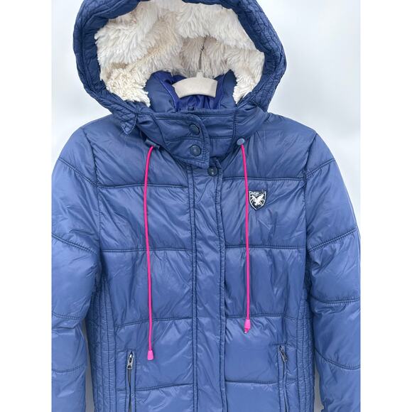 American Eagle Navy Puffer Full Zip Jacket Faux Fur Lines Sherpa Hood Size Small - Picture 2 of 9